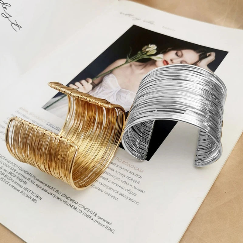 Cuff Bangle Bracelet for Women Open Wide Wire Bracelets Gold Color Wrist Cuff Wrap Bracelet