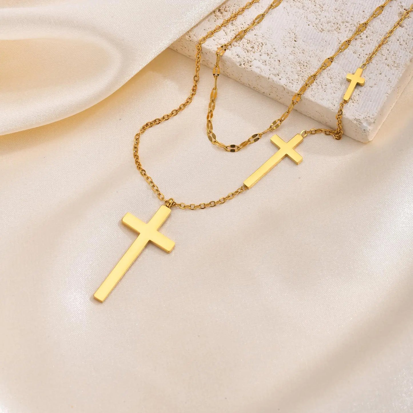 Stackable Cross Necklace, Double Layered Stainless Steel Chain, Gold Plated Cruz Pendant Hypoallergenic Faith Religious Jewelry