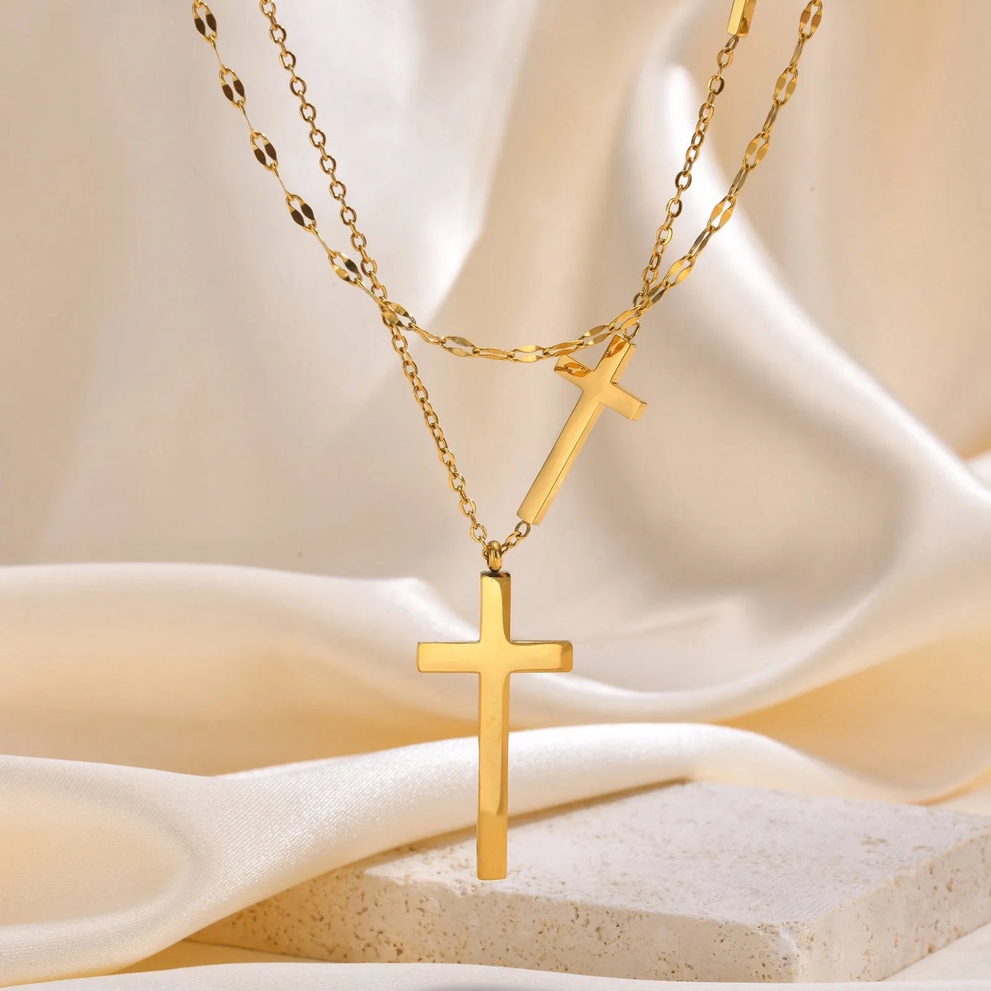 Stackable Cross Necklace, Double Layered Stainless Steel Chain, Gold Plated Cruz Pendant Hypoallergenic Faith Religious Jewelry