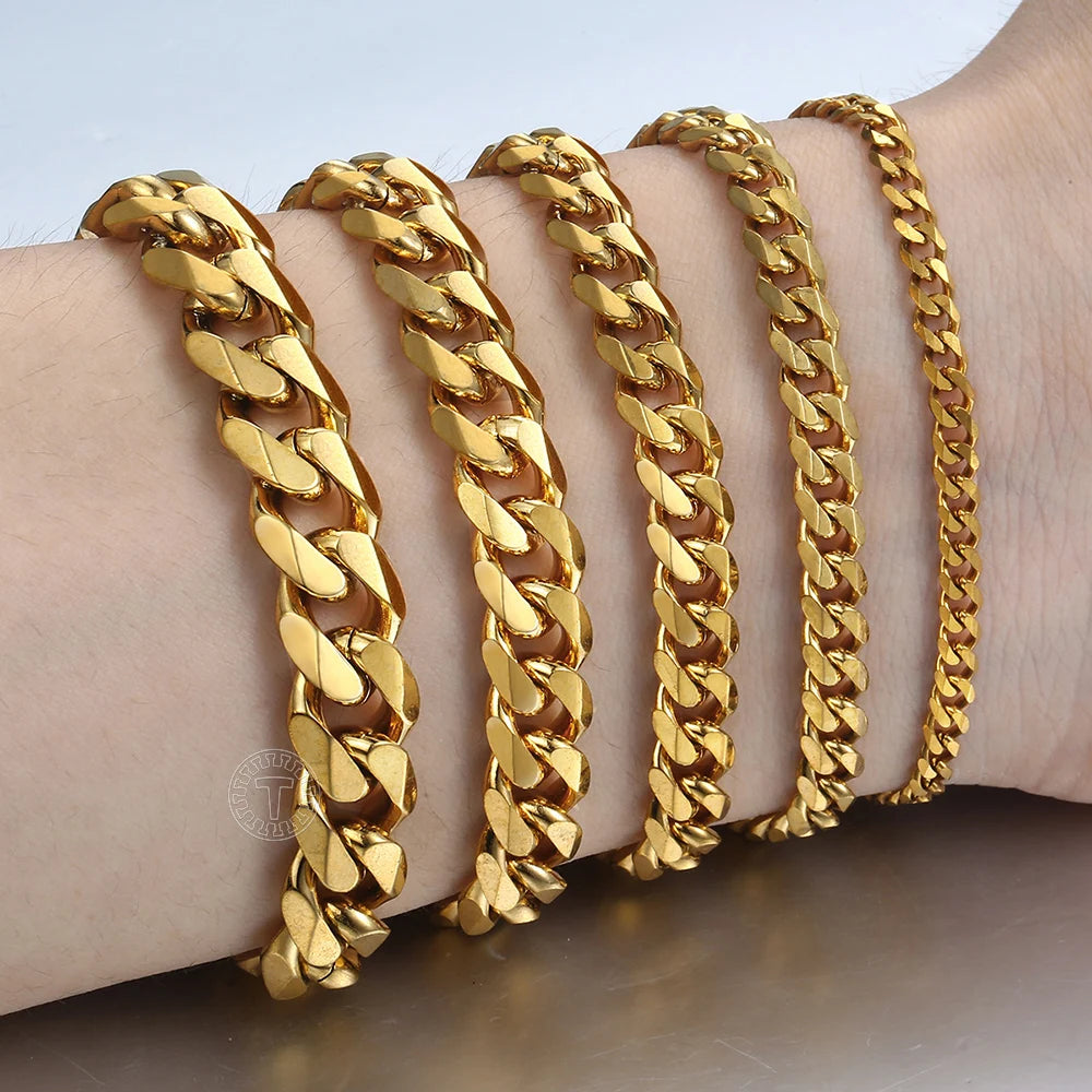 Women's Men's Bracelet Stainless Steel Cuban Link Chain Bracelets Gold Color Silver Color Fashion Wholesale Jewelry KBB10