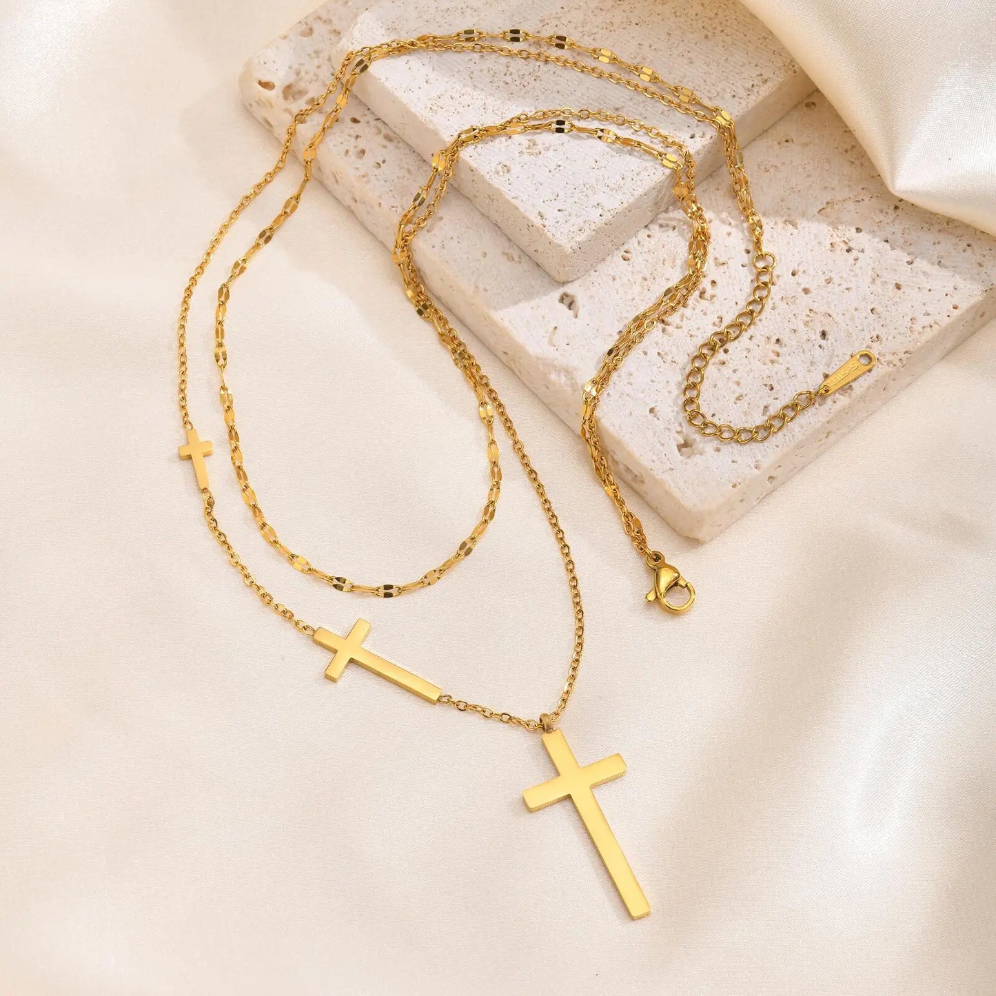 Stackable Cross Necklace, Double Layered Stainless Steel Chain, Gold Plated Cruz Pendant Hypoallergenic Faith Religious Jewelry